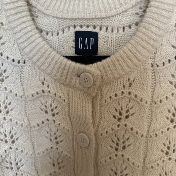 GAP Pointelle Cotton/Wool Cardigan Sweater Cream L - Picture 3 of 4